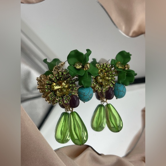 Green Floral Drop Earrings with Crystals and Stones” - Picture 7 of 8